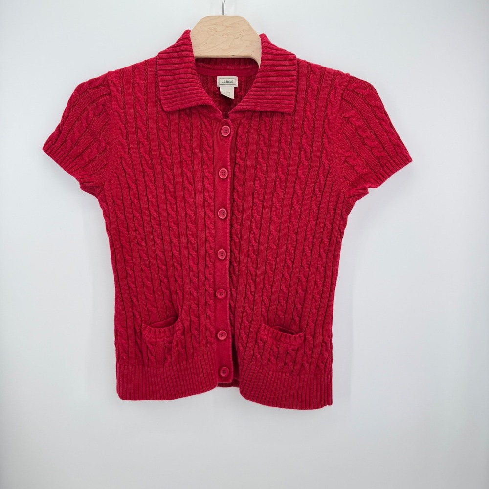 L.L.Bean Cable Knit Sweater Womens XL Red Preppy Short Sleeve Button  Fisherman